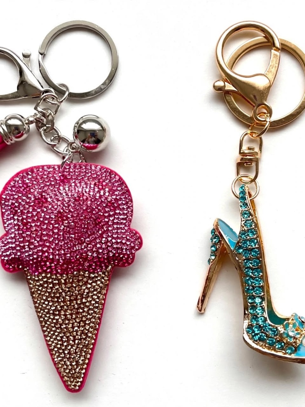 Sparkling Pink Ice Cream & Turquoise High Heel Keychain Set